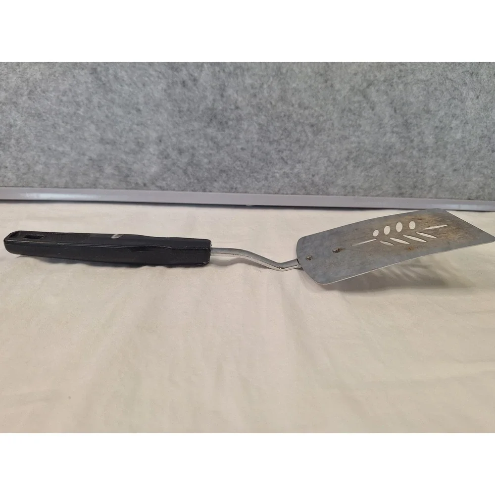 Vintage Stainless Steel Spatula Japan Wheat Cutout Black Handle Offset Turner